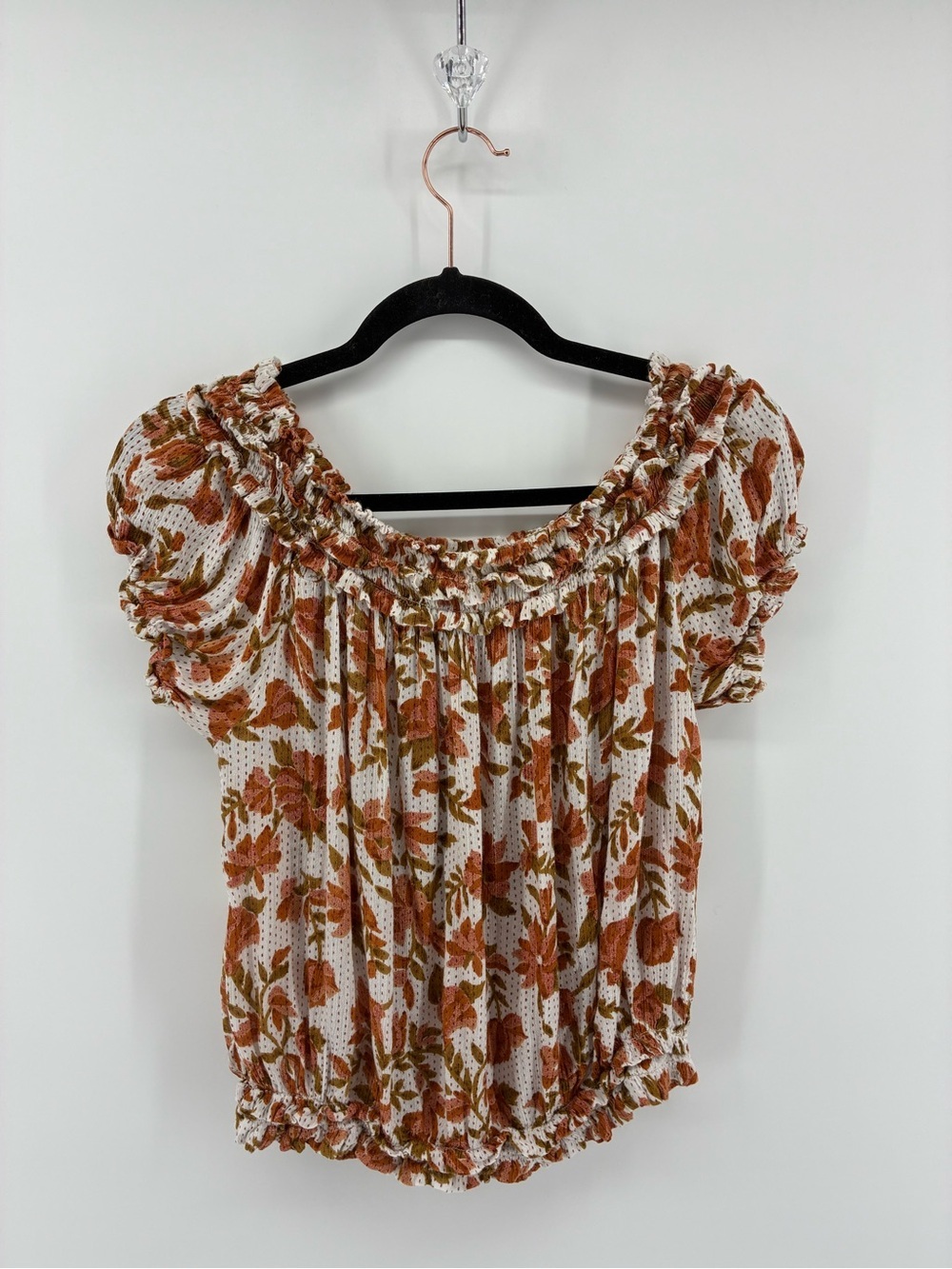 Off-Shoulder Floral Smocked Top in Rust Floral - Picture 6 of 8